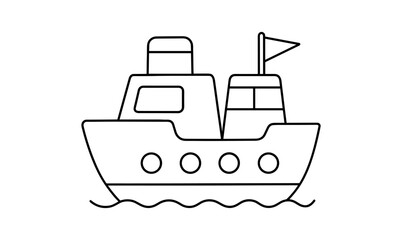 Fototapeta premium Simple linear boat design with waves and flag in black and white