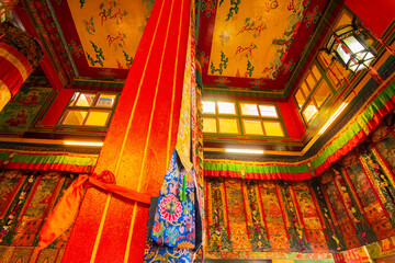 Colourful interior decoration of Buddhist monastery in Ralong, Ralong Monastery, Sikkim, India. Image shot with permission.