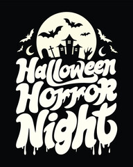 Eerie Halloween Horror Night Design with Bats, Spooky House and Dripping Letters for Festive Apparel and Decor
