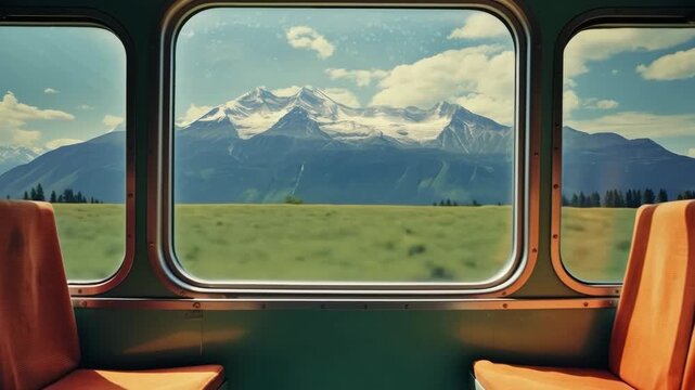 Scenic video frame from a train window capturing majestic mountains. Wide-angle view emphasizes the vast landscape and vibrant colors. Live desktop wallpaper.