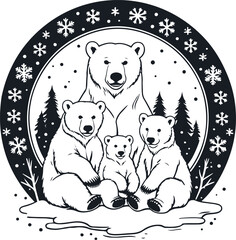 Polar bear mother and cubs sitting in snow, arranged inside circular frame, snowflakes around, bold thick black outlines, clean vector line art 1