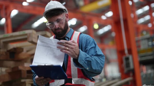 Warehouse Inspection: A focused male worker in a hard hat and safety vest examines a document on a clipboard, surrounded by industrial racks and machinery in a busy warehouse.