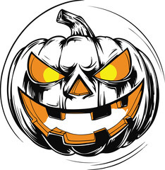 Scary jack-o-lantern pumpkin with glowing eyes and mouth, circular composition, bold thick black outlines, clear vector line art 3