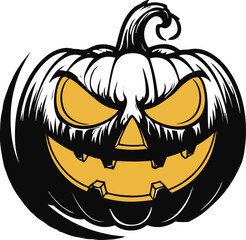 Scary jack-o-lantern pumpkin with glowing eyes and mouth, circular composition, bold thick black outlines, clear vector line ar