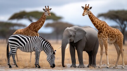Obraz premium Giraffes and an elephant interact near grazing zebras in a beautiful savanna landscape with overcast skies, showcasing wildlife harmony