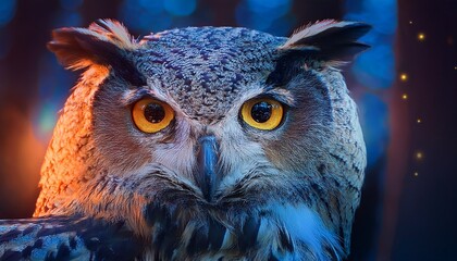 mysterious owl with glowing eyes in