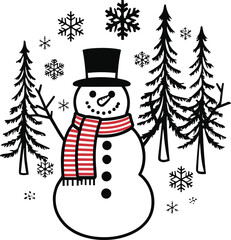 Snowman with scarf and hat in center, pine trees and snowflakes arranged in circular composition, thick bold lines, clear minimal artwork, hoodie front desig 2