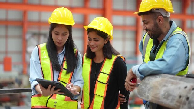 Industrial Teamwork: Three construction workers in hard hats and safety vests collaborate closely, reviewing a tablet on a factory floor.