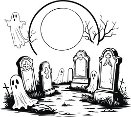  Spooky graveyard with ghosts, tombstones, and full moon inside a circle, thick bold black outlines, clear line art 3