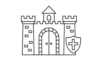 Medieval castle with shield emblem in black outline style