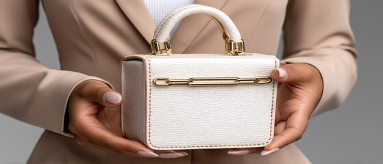 A model presents a chic hand-held bag, highlighting its design and details, complemented by her fashionable attire and neutral background