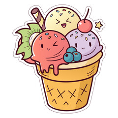 Cute Ice Cream Cup with Colorful Scoops, Fruits and Decorative Elements