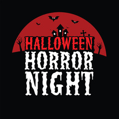 Spooky Halloween Horror Night Graphic Design with Haunted House Bats and Eerie Red Moon for Apparel