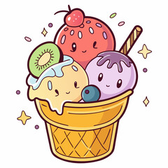 Cute Ice Cream Cup with Colorful Scoops, Fruits and Decorative Elements