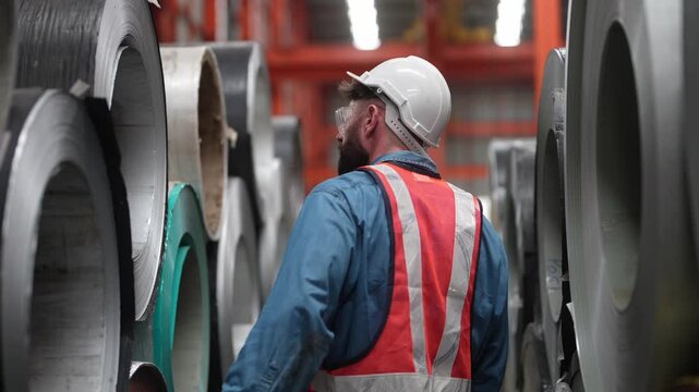 Worker in Steel Mill: A focused worker wearing a hard hat and safety vest walks through a vast warehouse filled with massive steel coils, embodying the strength and scale of industrial production.