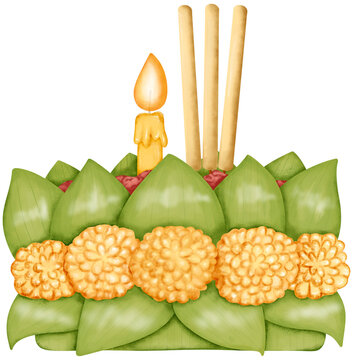 Illustration of a traditional Thai Loy Krathong festival float (Krathong) decorated with banana leaves, marigold flowers, candle, and incense sticks. Used in Loy Krathong celebration in Thailand.