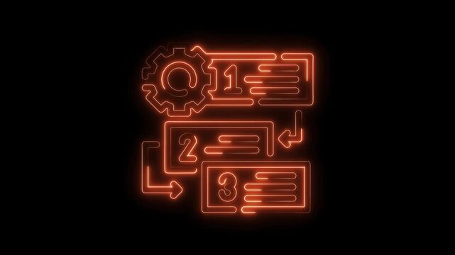 Step by step process neon sign animation with gear on black background