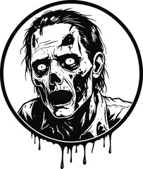 Zombie face with empty eyes and scars, dripping details, inside perfect circle, bold black outline, clear horror line art 3