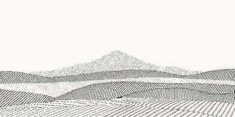 Minimalist black and white line drawing of rolling hills and a single mountain peak