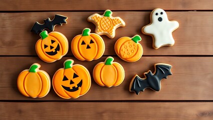 An overhead shot of halloween themed cookies including pumpkins bats and a ghost on a wood surface