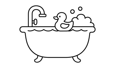 Minimalist bathtub with rubber duck and bubbles in simple line art style