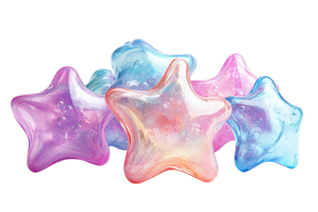Colorful starfish covered in bubbles floats on white background with various sized iridescent bubbles surrounding it, a fun and dreamy underwater illustration