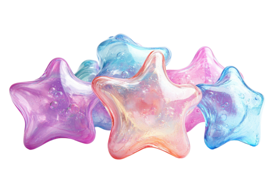 Colorful starfish covered in bubbles floats on white background with various sized iridescent bubbles surrounding it, a fun and dreamy underwater illustration