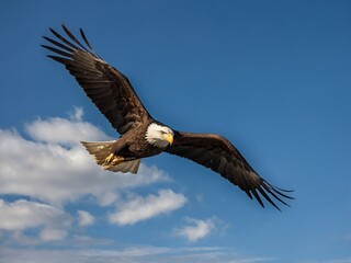 Naklejka premium Majestic Bald Eagle Soaring Through Blue Sky