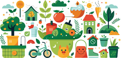Playful doodle eco lifestyle icons set for sustainable living and green choices