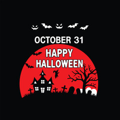 Eerie Halloween Night Artwork with a Haunted House, Cemetery, Bats, Ghost and Moon Making up a Creepy Halloween T-shirt Design