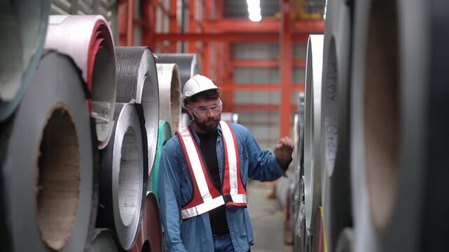 Steel Coil Inspection: A worker in a hard hat and high-visibility vest meticulously inspects large steel coils stacked in a factory or warehouse.
