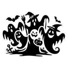 Black and white vector silhouette of ghosts on white background 