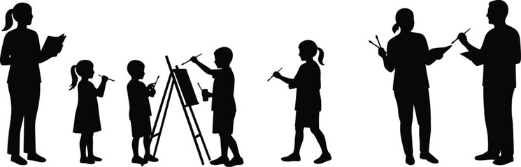 children and adults interacting creatively on transparent background silhouette