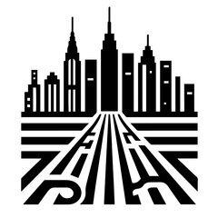 Black and white vector silhouette of city skyline on white background 