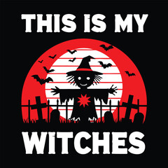 Spooky Season Halloween T-Shirt Design Featuring a Witch and Bats in a Graveyard