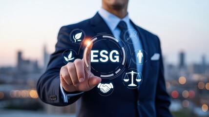 Businessman points to esg acronym indicating responsible investment and sustainable corporate strategy for future growth