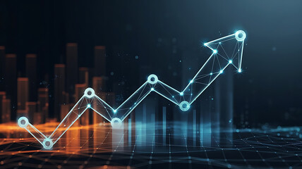 The image features a stylized arrow graph, symbolizing growth and progress, against a dark, abstract digital landscape, indicating a sense of technological advancement and success.