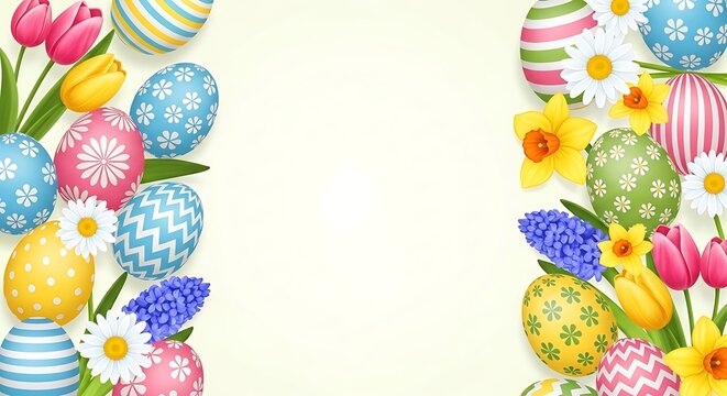 Easter Eggs and Flowers Border.