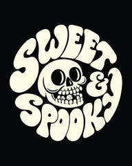 Retro Halloween Vibes A Sweet and Spooky Typography Design with a Skull Illustration on a Black Backdrop