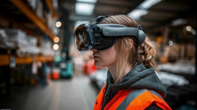 Medium shot of a trainee wearing a VR headset focusing on safety protocols in a simulated wholesaling warehouse environment with blurred background activity.