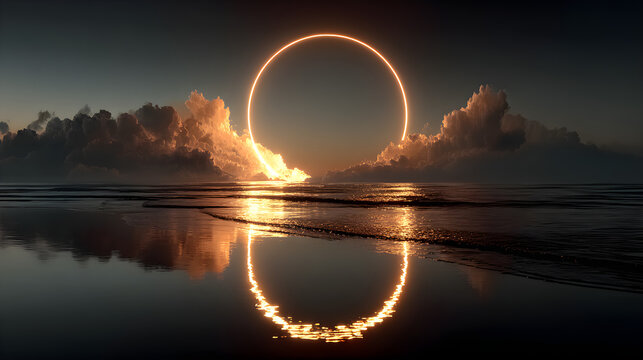 Mystical abstract scene featuring a glowing circle suspended elegantly over reflective water and soft clouds at night