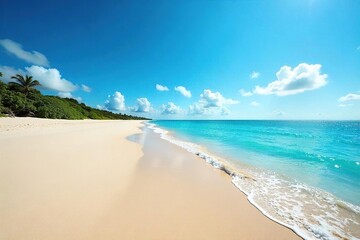 Obraz premium Endless horizon of pristine sandy beach stretching to the faraway ocean under a vibrant blue sky Perfect for travel, vacation, and summer themes , summer, seashore, vast