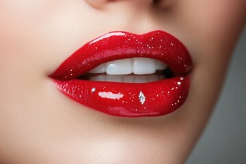 Cosmetic lip enhancement event mounting glossy red lips in close-up chaos environment