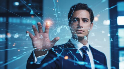 Businessman interacting with futuristic digital interface technology network data streams
