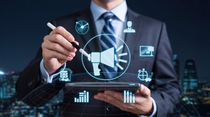 Businessman uses digital interface with marketing icons for global business promotion strategy