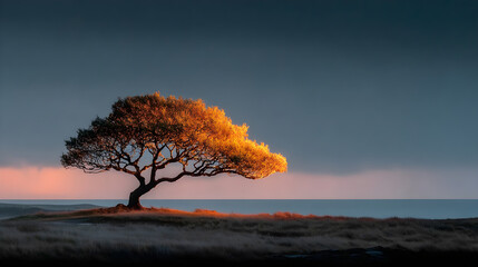 Lone tree silhouette dramatically framed against a cloudy, softly luminous sky