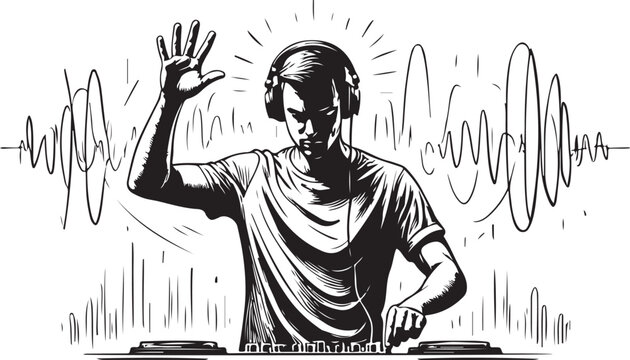 Silhouette of aDJ with headphones and sound waves on a white background Keywords: DJ, silhouette, music, headphones, sound waves, mixing, party, club, entertainment, performance, disc jockey