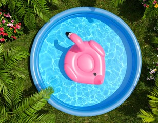 Pink flamingo float in a small round pool surrounded by lush tropical plants and flowers