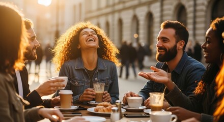 Joyful friends laughing and sharing coffee outdoors on a sunny day, creating vibrant memories.