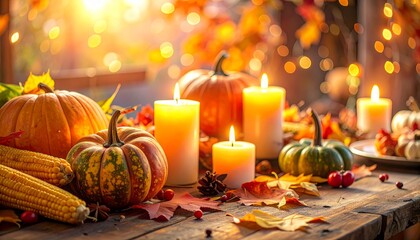 Thanksgiving - Pumpkins On Rustic Table With Candles And String Lights